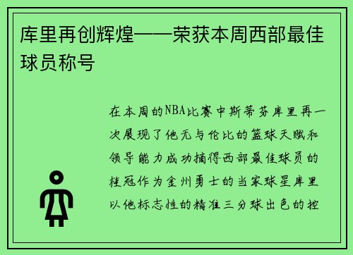 库里再创辉煌——荣获本周西部最佳球员称号